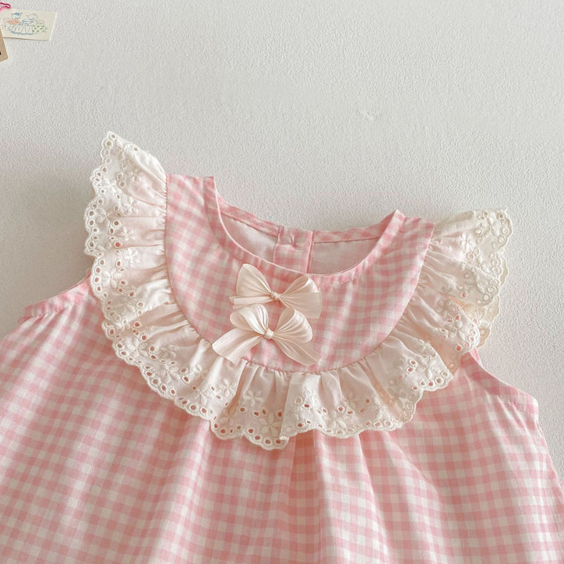 【BABY&KID】夏新作 リボンレースチェックトップス&パンツセットSK070207