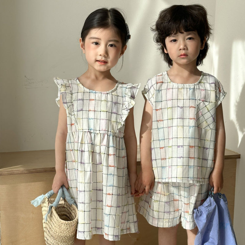 【BABY&KID】夏新作 チェック肩フリルワンピース、セットアップSK063017