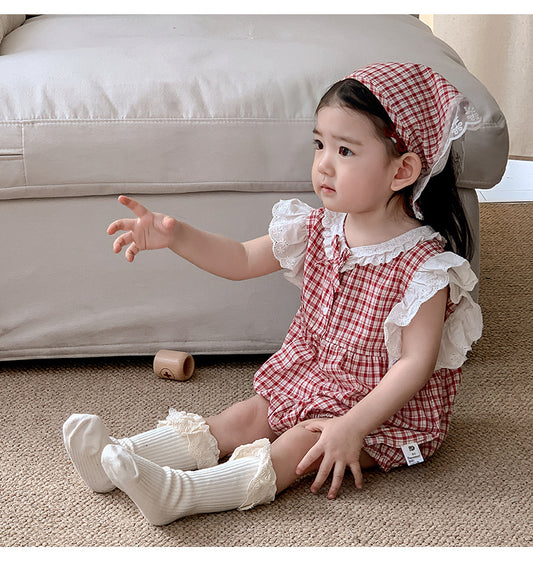 【BABY】夏新作 レースチェックロンパース&ヘッドバンドSK071712