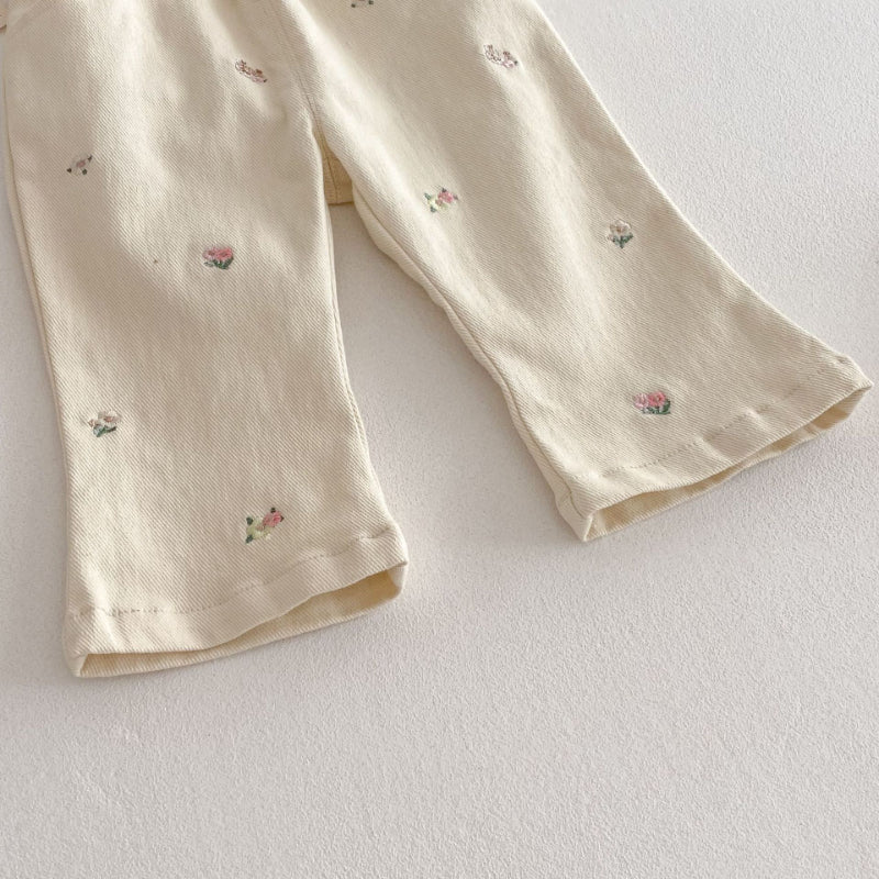 【BABY&KID】夏新作 ピンク刺繍ブラウス、刺繍フレアパンツセットSK070610