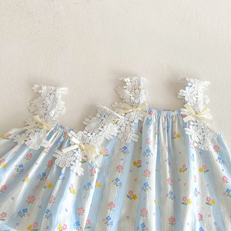 【姉妹服】夏新作 レースキャミ小花柄ロンパース、ワンピースSK081628