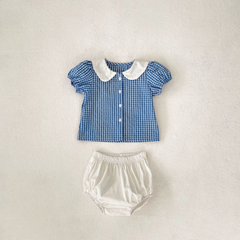 【BABY】夏新作 うさぎ襟チェックトップス&ショートパンツセットアップSK072307