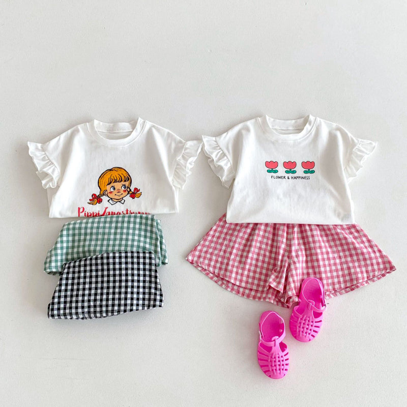 【BABY&KID】夏新作 フリル袖Tシャツ、チェックショートパンツSK091219