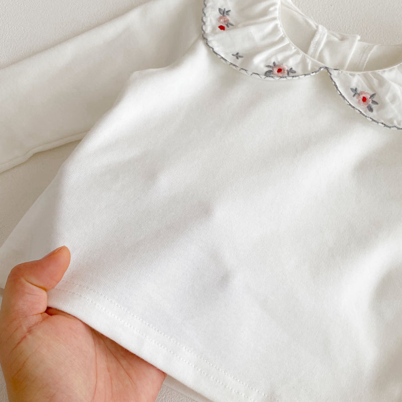 【BABY】リボンクルーネックロンパース、花刺繍カラーTシャツSK100741