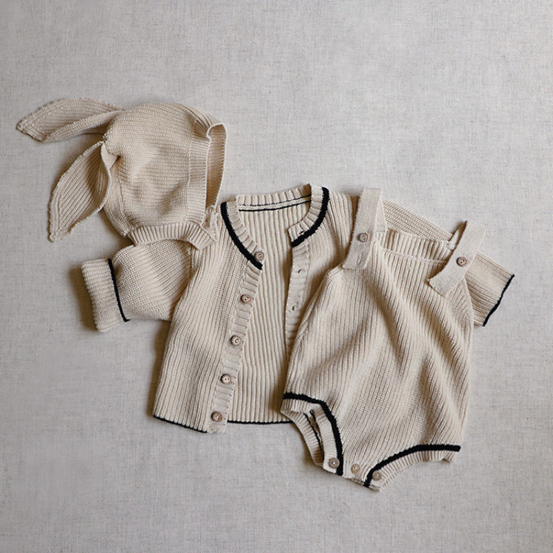 【BABY】無地ニットカーディガン、サロペットロンパース、大きな耳帽子SK101529