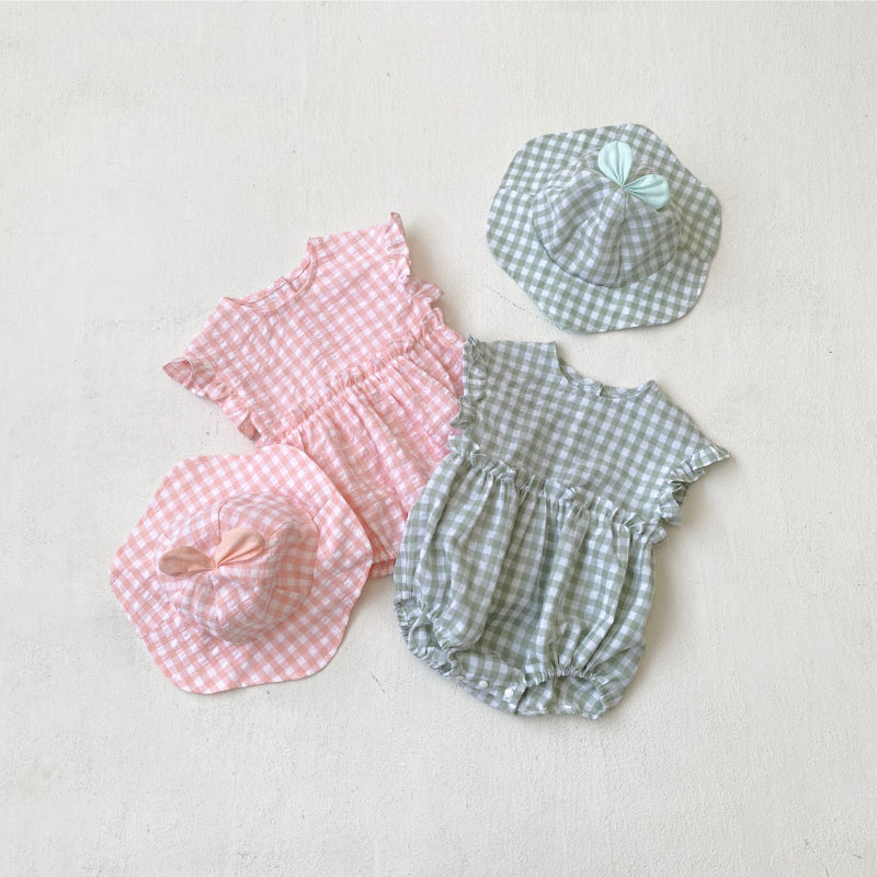 【BABY】夏新作 チェック柄ロンパース&帽子SK082516