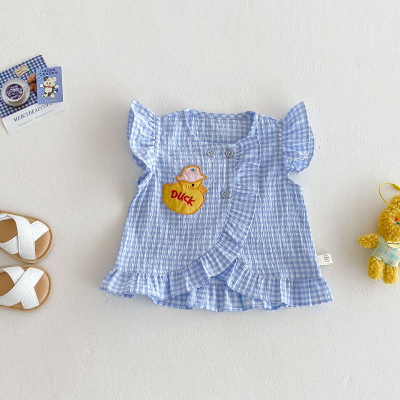 【BABY&KID】夏新作 アヒルブルーチェックロンパース、ワンピース、ベスト、Tシャツ、オーバーオールSK070515