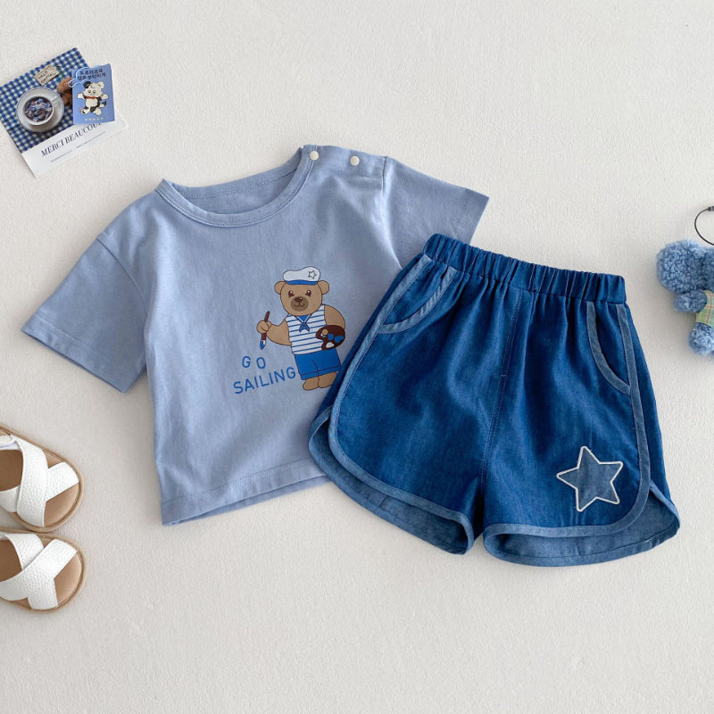 【BABY&KID】夏新作 ネイビー風クマTシャツ、星柄ジーンズSKO71207