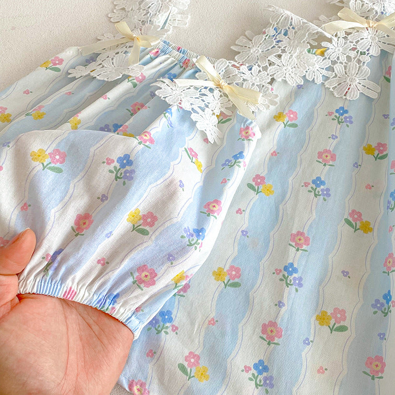 【姉妹服】夏新作 レースキャミ小花柄ロンパース、ワンピースSK081628