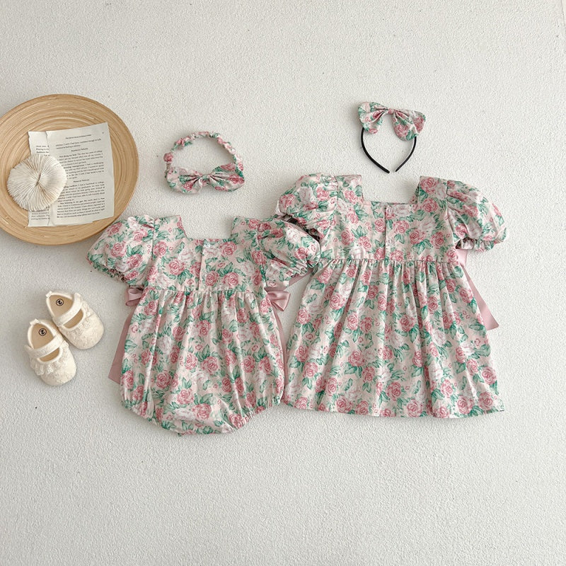 【姉妹服】夏新作 ローズプリントリボンロンパース、ワンピースSK072520