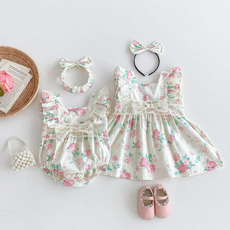 【姉妹服】夏新作 小花柄レースロンパース、ワンピースSK081631