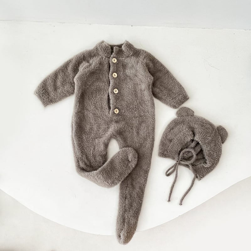 【BABY&KID】冬新作キュートピュアカラーミンクカシミアロンパース クマミミ帽子付きSK11377