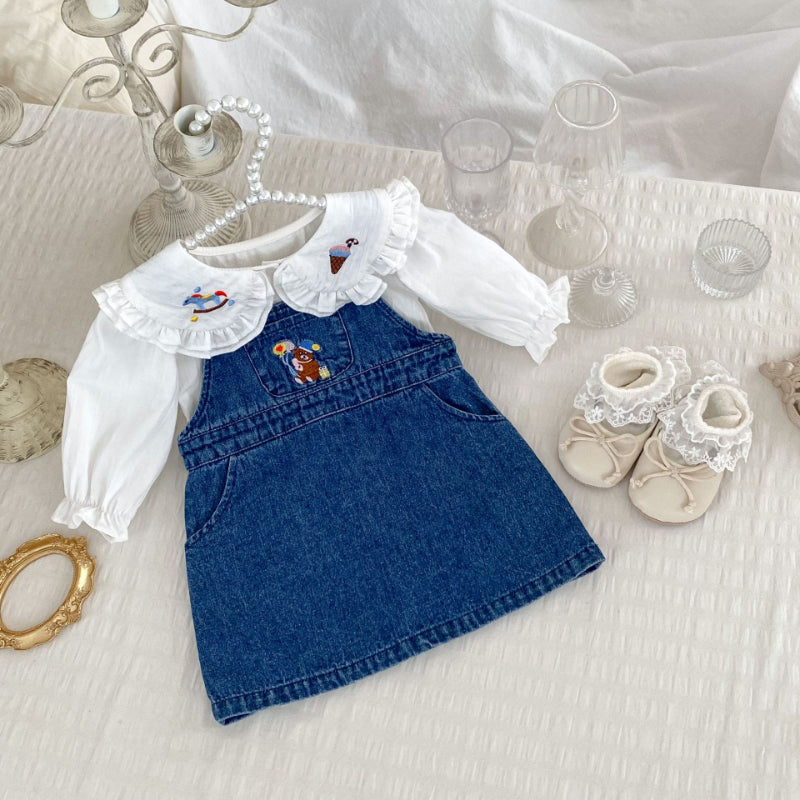 【BABY&KID】くま刺繍ジャンパースカート、カートゥーン刺繍襟ブラウスSK100841