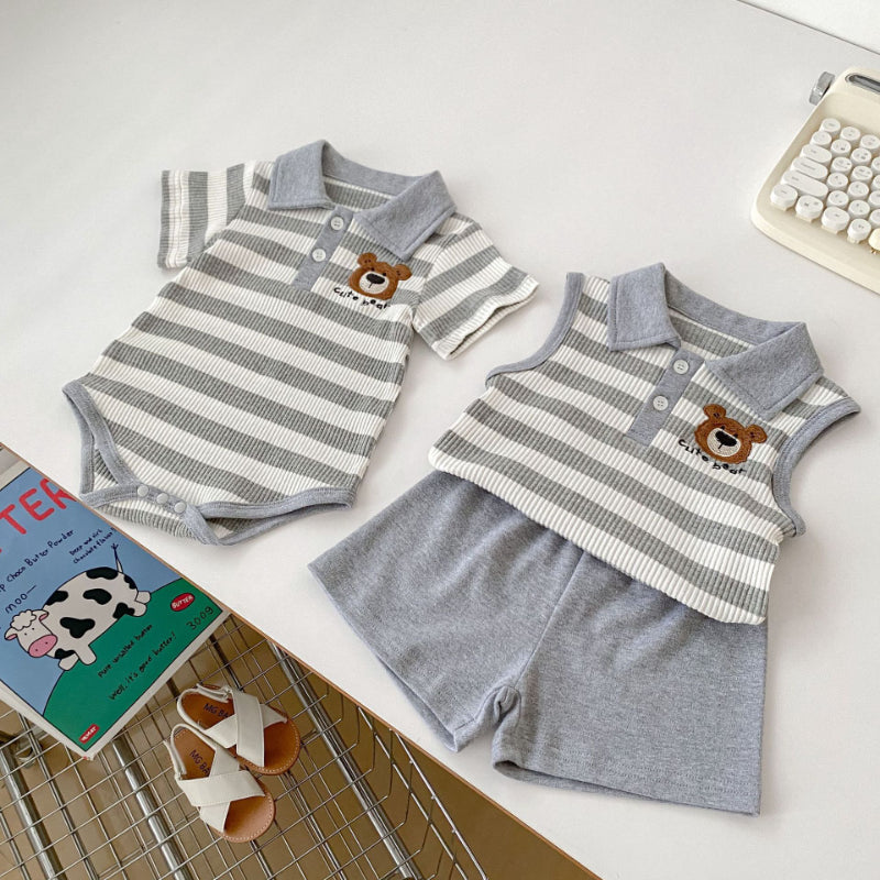 【BABY&KID】夏新作 ストライプくまロンパース、セットアップSK072524