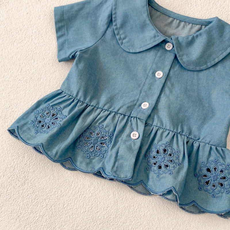 【BABY】夏新作 デニム刺繍トップス&ショーツセットアップSK071915