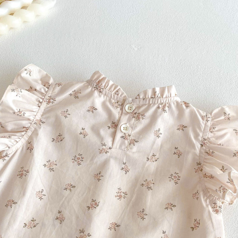 【BABY&KID】夏新作 小花柄ベビーブラウス、可愛いブラウンサロペットSK070611
