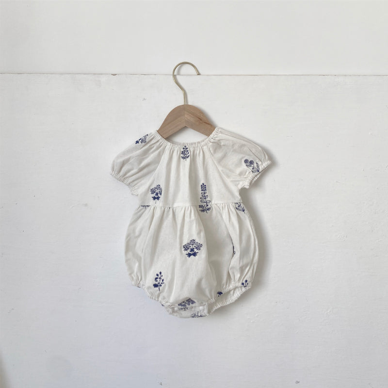 【BABY】夏新作 無地刺繍パフスリーブロンパースSK082514