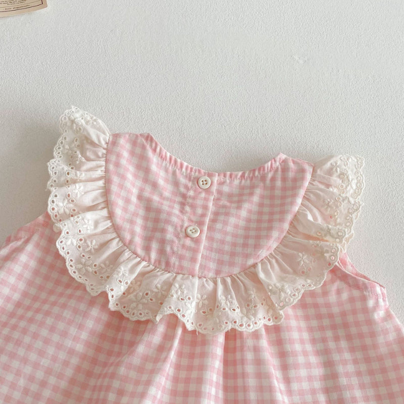 【BABY&KID】夏新作 リボンレースチェックトップス&パンツセットSK070207
