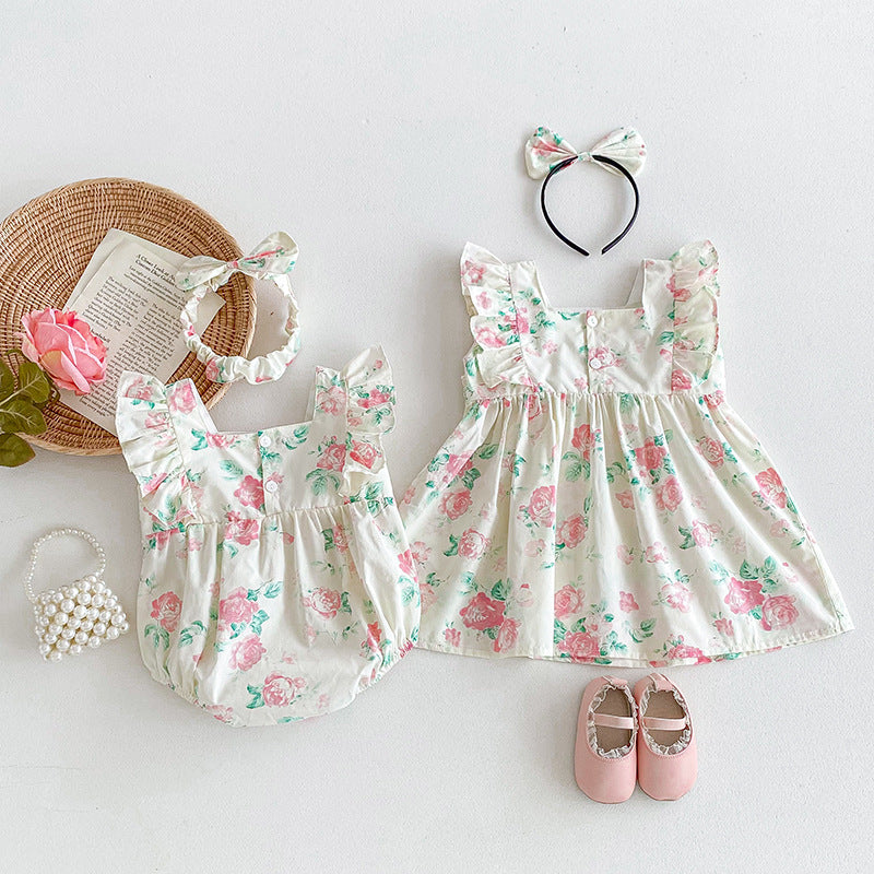 【姉妹服】夏新作 小花柄レースロンパース、ワンピースSK081631
