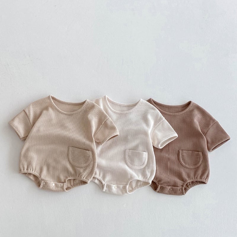 【BABY】夏新作 ワッフルポケット付き無地ロンパースSK091328