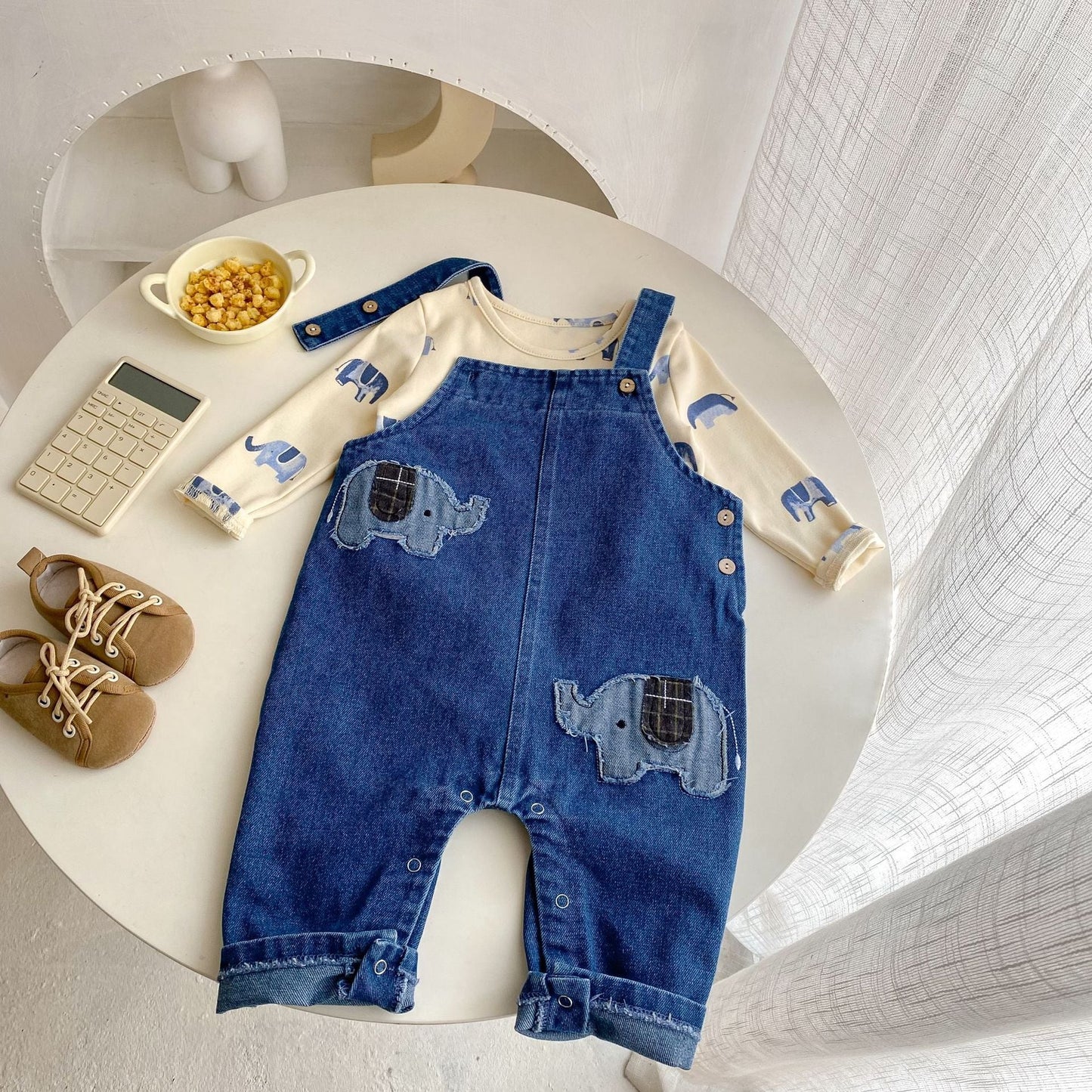 【BABY&KID】ゾウ柄デニムサロペット、ゾウ柄TシャツSK062403