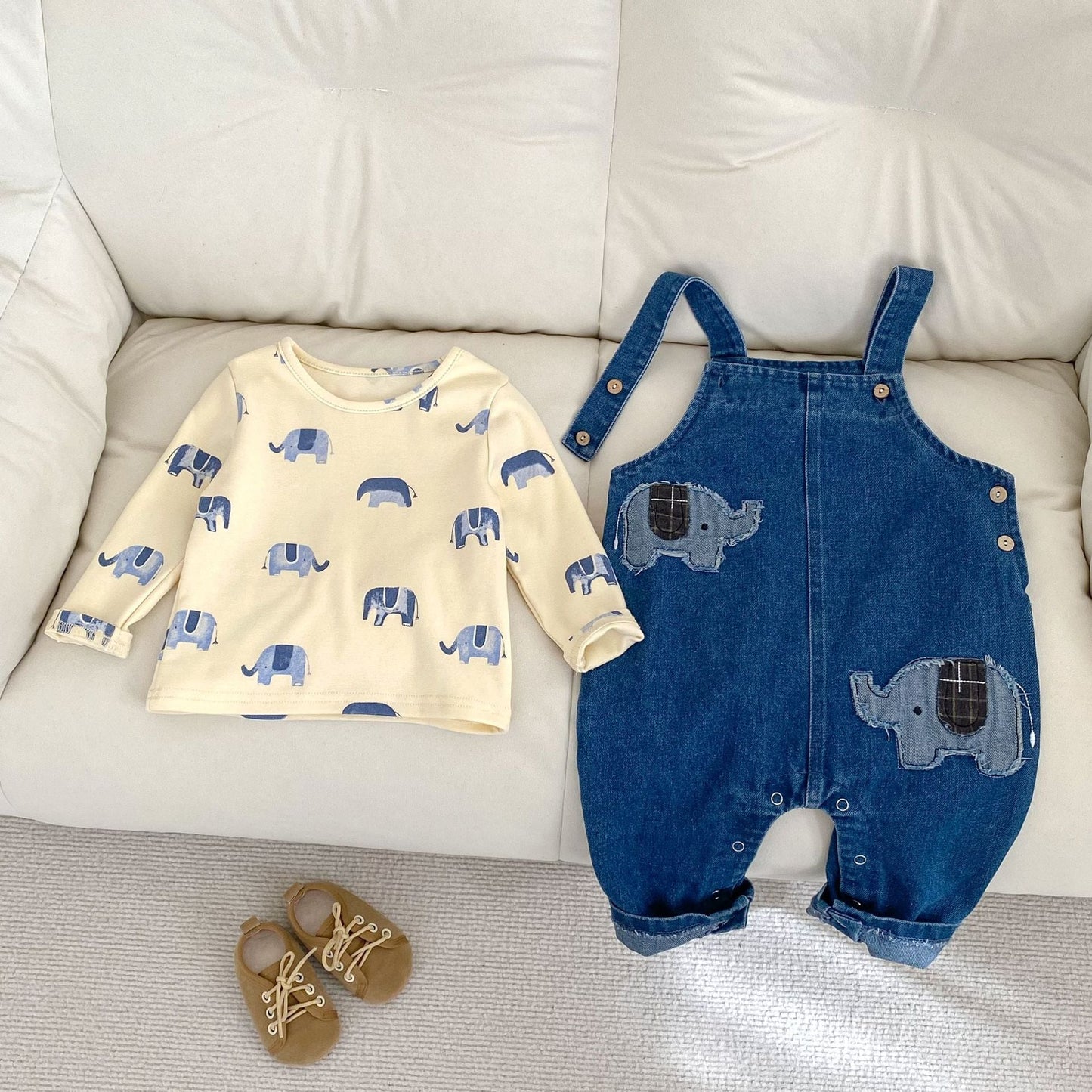 【BABY&KID】ゾウ柄デニムサロペット、ゾウ柄TシャツSK062403
