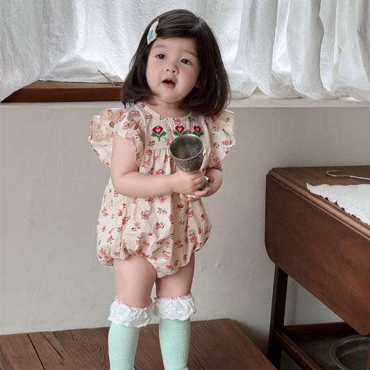 【BABY】夏新作 フラワー、チェック刺繍ロンパースSK082308