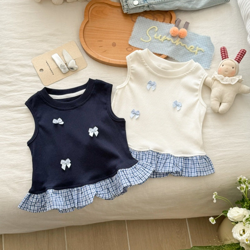 【BABY&KID】夏新作 蝶結び切替チェックフリルトップスTシャツSK092227