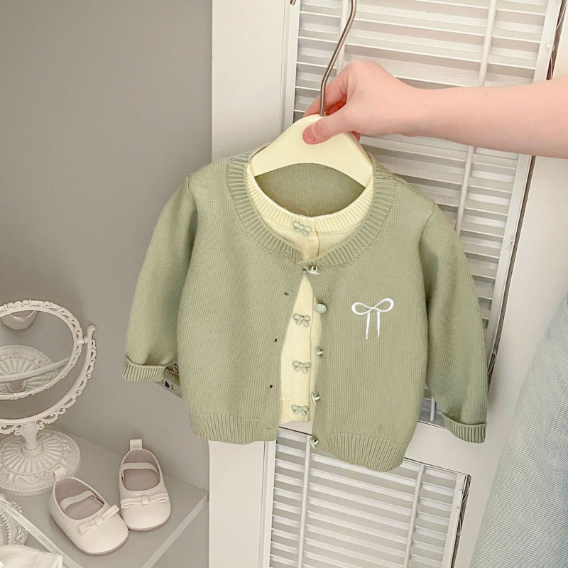 【BABY&KID】フェイクレイヤード蝶結び刺繍ニットカーディガンSK100213