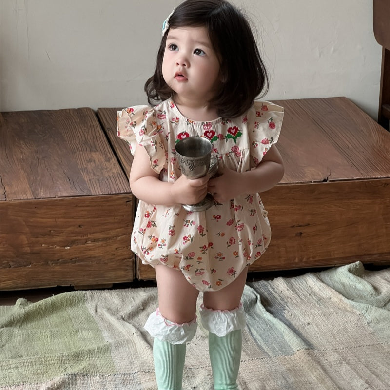 【BABY】夏新作 フラワー、チェック刺繍ロンパースSK082308