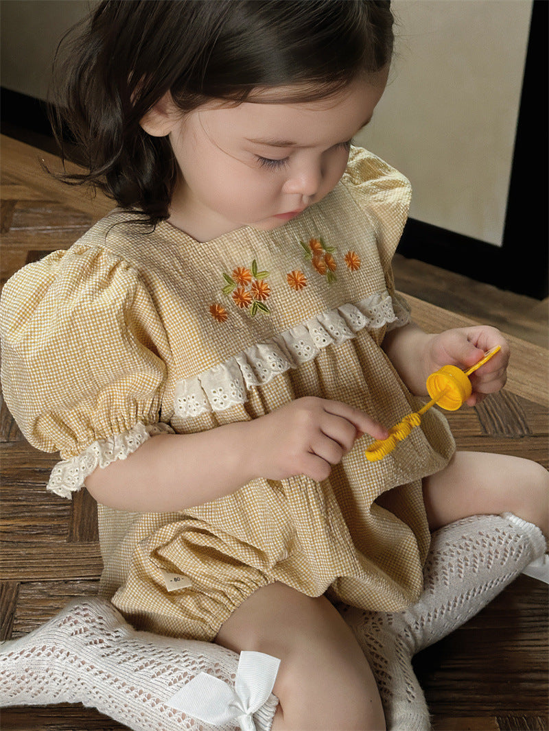 【BABY】夏新作 フラワー刺繍レースロンパースSK082313