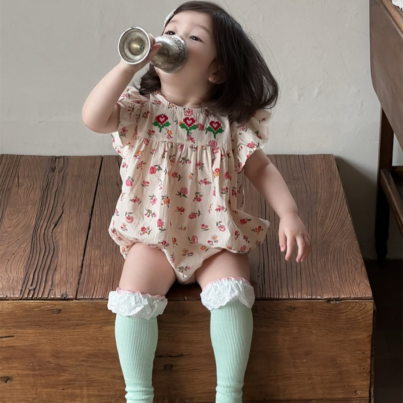【BABY】夏新作 フラワー、チェック刺繍ロンパースSK082308