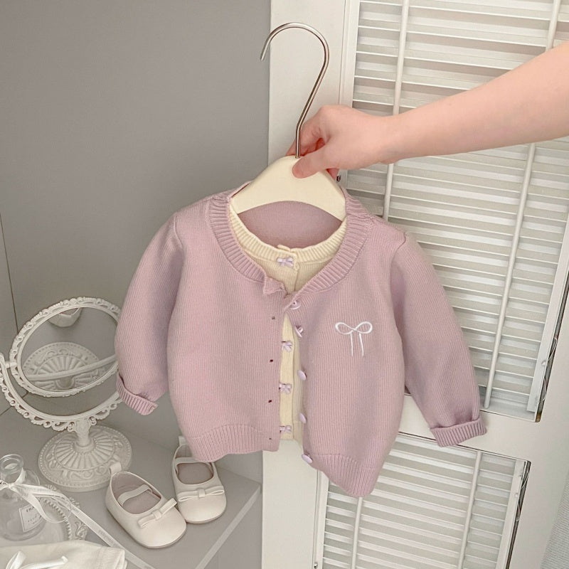 【BABY&KID】フェイクレイヤード蝶結び刺繍ニットカーディガンSK100213