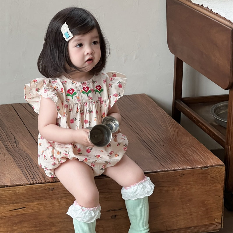 【BABY】夏新作 フラワー、チェック刺繍ロンパースSK082308