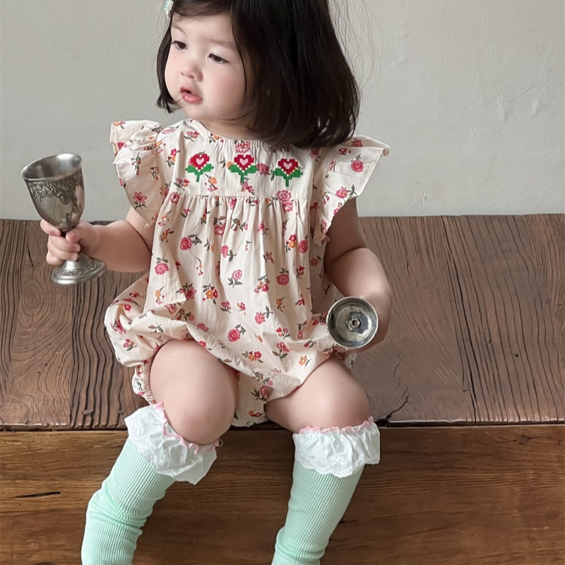 【BABY】夏新作 フラワー、チェック刺繍ロンパースSK082308