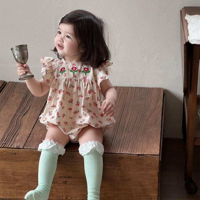【BABY】夏新作 フラワー、チェック刺繍ロンパースSK082308