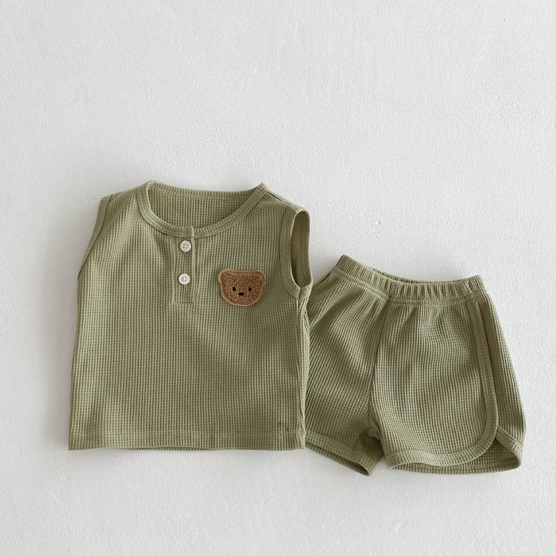 【BABY】夏新作 クマ柄ワッフルノースリーブセットアップSK062914