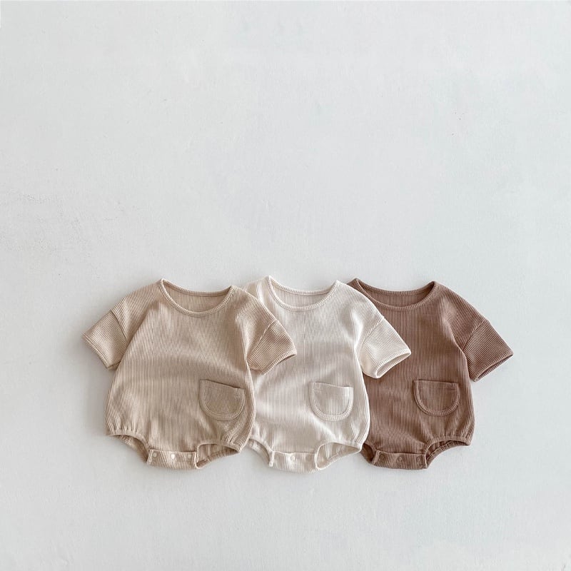 【BABY】夏新作 ワッフルポケット付き無地ロンパースSK091328