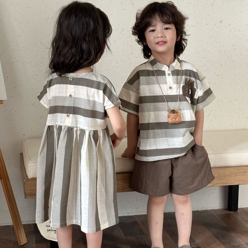 【BABY&KID】夏新作 ブラウンボーダーセットアップ、ワンピースSK0631011