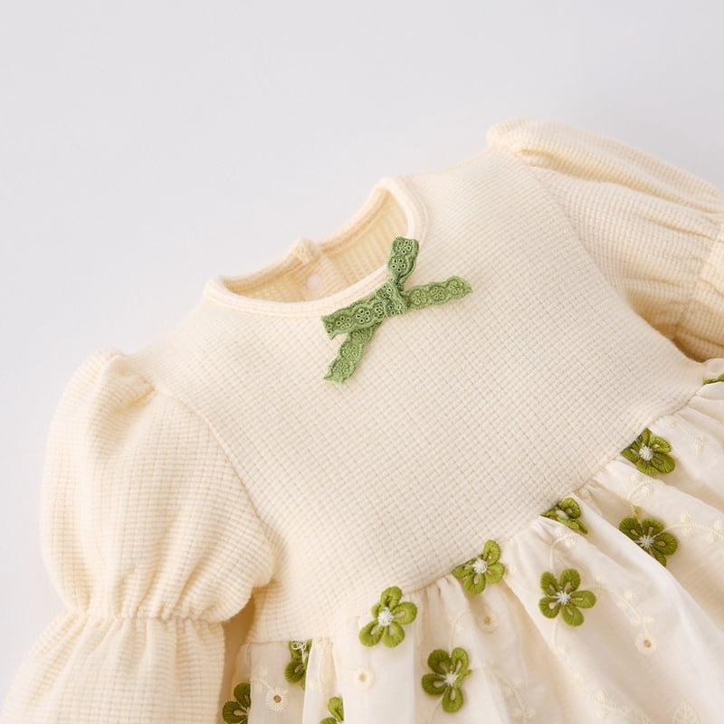 【BABY】グリーン花刺繡プリンセス風ロンパースSK051303