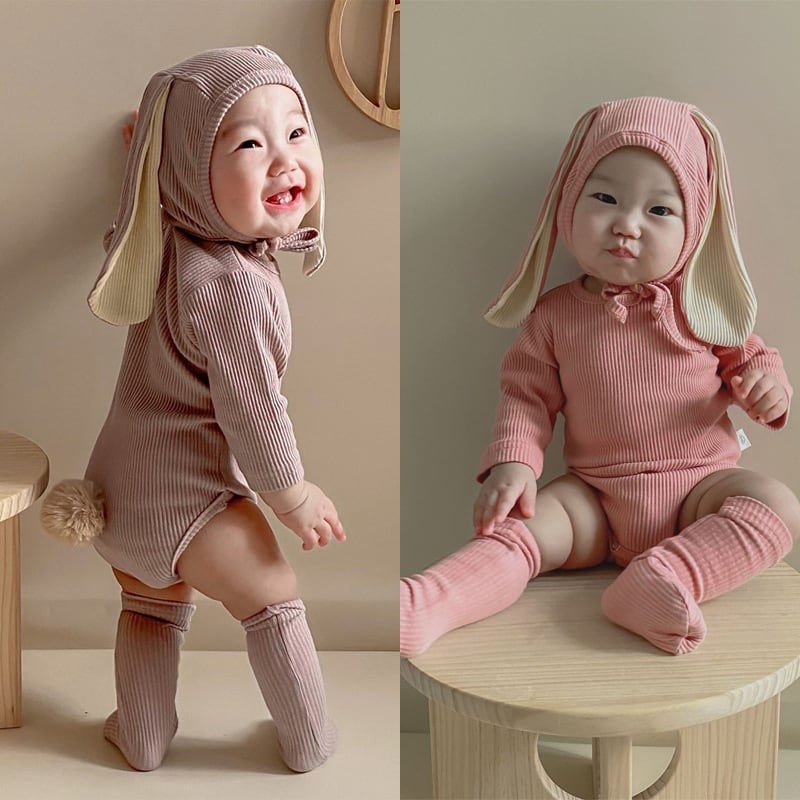 【BABY】ウサギ耳帽子付け純色綿製ロンパースセット2色SK11362