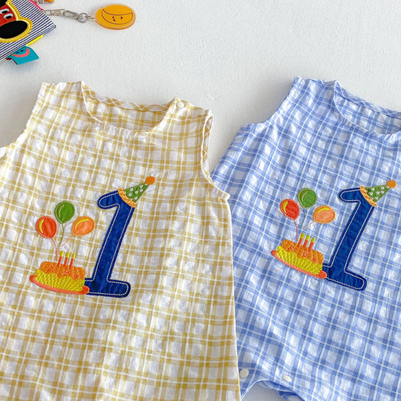 【BABY】夏新作 ベビー誕生日チェックノースリーブロンパースSK070115