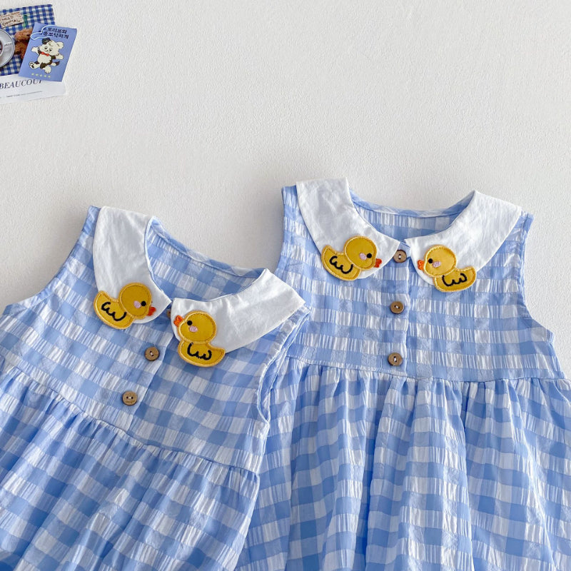 【BABY&KID】夏新作 アヒルブルーチェックロンパース、ワンピース、ベスト、Tシャツ、オーバーオールSK070515