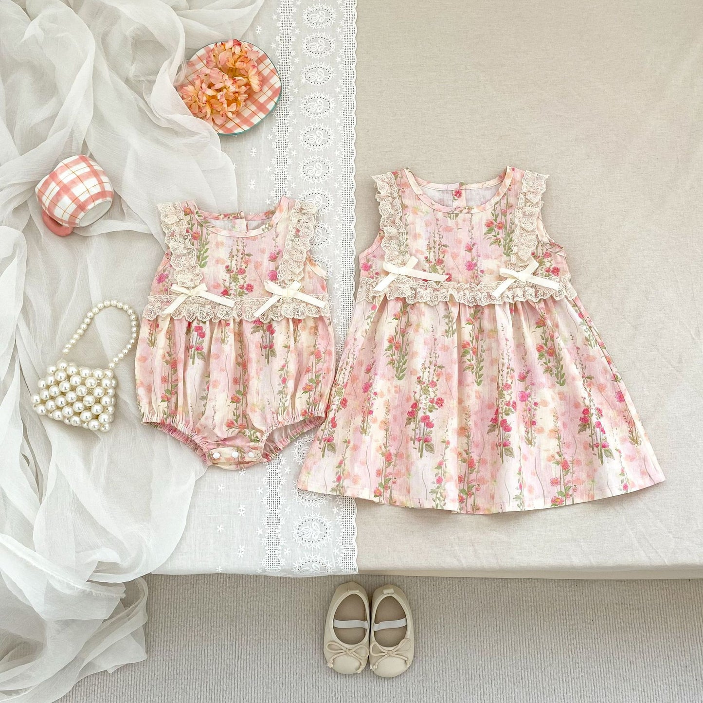 【姉妹服】夏新作 レース小花柄ロンパース、ワンピースSK081617