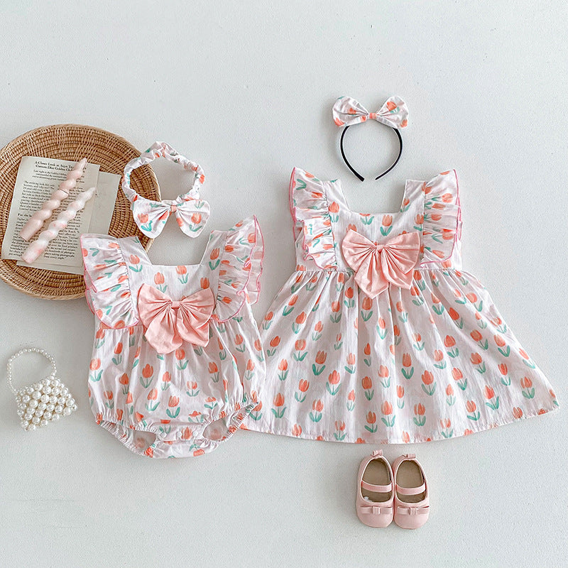 【姉妹服】夏新作 チューリップ×リボンロンパース、ワンピースSK081634
