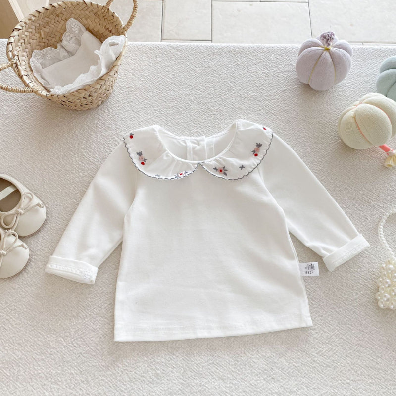 【BABY】リボンクルーネックロンパース、花刺繍カラーTシャツSK100741