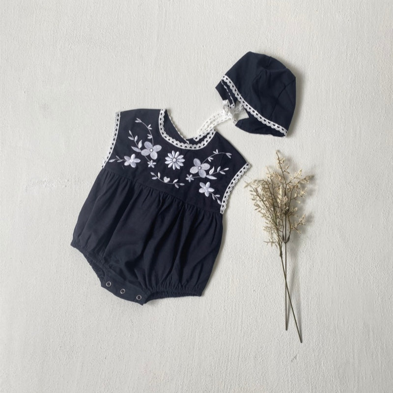 【BABY】夏新作 綿麻フラワー刺繍ロンパースSK091115