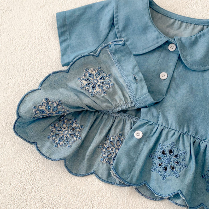 【BABY】夏新作 デニム刺繍トップス&ショーツセットアップSK071915