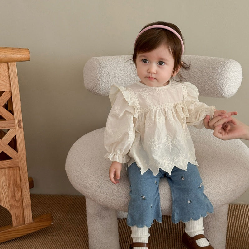 【BABY&KID】おしゃれフリルブラウス、刺繍デニムフレアパンツSK100317
