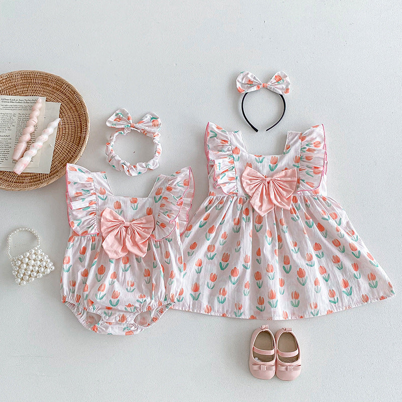 【姉妹服】夏新作 チューリップ×リボンロンパース、ワンピースSK081634